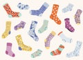 Funny socks. Cartoon fashion woolen footwear, trendy pair of different socks, textile accessories. Vector isolated set Royalty Free Stock Photo