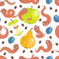 Funny soil worms seamless pattern. Cute cartoon characters with fruits. Garden dwellers. Waste eaters. Earthworms with Royalty Free Stock Photo