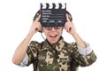 Funny soldier with movie board