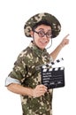 Funny soldier with movie board