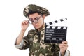 Funny soldier with movie board