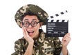 Funny soldier with movie board