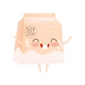 Funny soy cream character in cardboard pack. Happy emotion. Fresh dairy product. Flat vector design