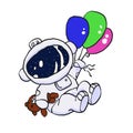 Funny spaceman fly with many balloons in space. Royalty Free Stock Photo