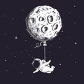 Funny spaceman fly with moon like a balloon