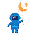 Funny spaceman fly with moon like a balloon. Funny cosmonaut.