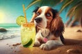 Funny spaniel dog on sea beach, pet relaxes with cocktail on vacation, generative AI Royalty Free Stock Photo