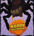 Funny Spider Trapping a Pumpkin for Halloween, Vector Illustration