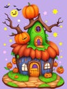 Funny spooky cartoon house, fairytale haloween small cottage