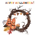 Watercolor happy Halloween illustration with hand painted spooky pumpkins and dead tree wreath