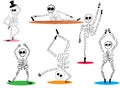 Funny spooky skeletons dancing on white background