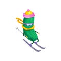 Funny sportive cucumber skiing, vegetable character doing sport cartoon vector Illustration