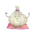 Funny sportive garlic exercising on a mat, vegetable character doing sport cartoon vector Illustration Royalty Free Stock Photo