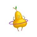 Funny sportive pear spinning a hula hoop around the waist, fruit character doing sport cartoon vector Illustration