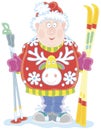 Funny sportsman skier in a Christmas sweater Royalty Free Stock Photo