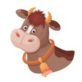 Funny spotted cow with bell on neck. Animal head. Cute calf bull portrait with horns. Farm milk. Cartoon character. Vector Royalty Free Stock Photo