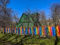 Funny spring fence in gardering.May sunny day in Russia Royalty Free Stock Photo