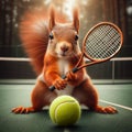 Funny squirrel holding tennis racket