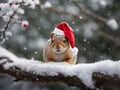 funny squirrel with santa claus christmas cap on snowy tree branch