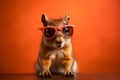 Funny squirrel wearing sunglasses in studio with a colorful and bright background. Generative AI