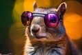 Funny squirrel wearing sunglasses in studio with a colorful and bright background. Generative AI