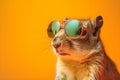 Funny squirrel wearing sunglasses in studio with a colorful and bright background. Generative AI