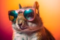 Funny squirrel wearing sunglasses in studio with a colorful and bright background. Generative AI