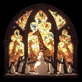 Funny Stained Glass Window with Penguins and Snowman