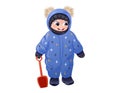 Funny standing baby boy in a winter snowsuit with a hood, with a toy shovel for digging snow in his hands. Vector