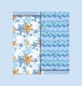 Funny starfish and air bubbles on the background of the sea. Seamless patterns