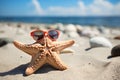 Funny starfish with red sunglasses at beach