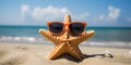 Funny starfish with red sunglasses at sand beach Royalty Free Stock Photo