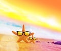 Funny starfish with sunglass on the sandy beach