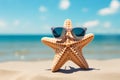 Funny starfish with sunglasses at beach Royalty Free Stock Photo