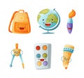 Funny stationery tools characters set. Cute backpack, globe, brush, compass tool, paints, pencil cartoon vector