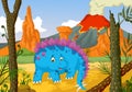 Funny stegosaurus cartoon with forest landscape background