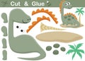Funny stegosaurus cartoon with palm tree. Education paper game for children. Cutout and gluing Royalty Free Stock Photo