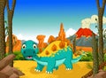 Funny stegosaurus cartoon with volcano landscape background