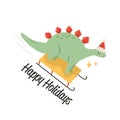 Funny stegosaurus dinosaur sledging and having fun. Winter holiday card. Christmas mood