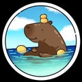 Funny sticker with capybara and lemons. Digital illustration. Funny illustration.