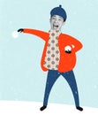 Funny sticker design. Contemporary art collage. Inspiration, idea, magazine style. Cartoon man wearing warm winter