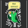 Funny sticker green bird with bubble What happened Royalty Free Stock Photo