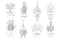 Funny stickers different plants black and white. Cartoon plants