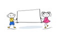 Funny stickman boy and girl holding banner. Business presentation element with copy space.