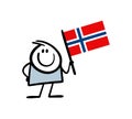 Funny stickman boy holding a big flag of Norway, scandinavian country. Vector illustration norwegian and national symbol