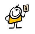 Funny stickman holds a piece of paper in his hand, a sign with an information sign. Vector illustration of a character