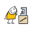 Funny stickman stands and looks at the coffee machine. Preparation of a hot drink in a paper cup. Vector illustration of Royalty Free Stock Photo