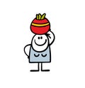 Funny stickman woman walks out of the store and carries a basket on her head. Vector illustration of a housewife in