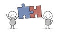 Funny stickmen with puzzle - teamwork. Business concept. Vector