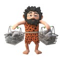 Funny stone age caveman character in 3d carrying rocks and stones in his shopping baskets, 3d illustration